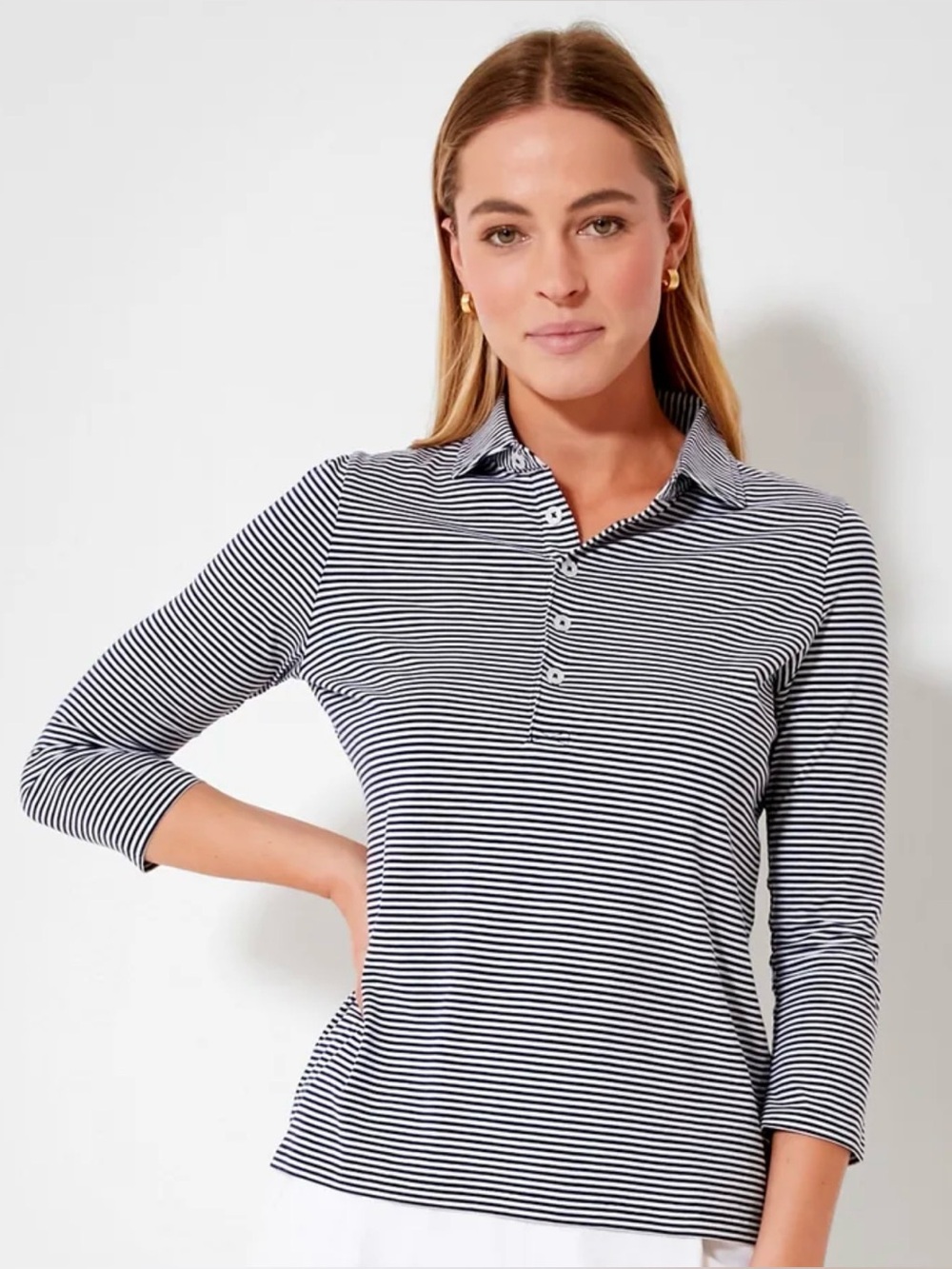 Renwick Navy White Pima 3/4 Sleeve Polo Coastal Golf Preppy Resort Golf Tennis